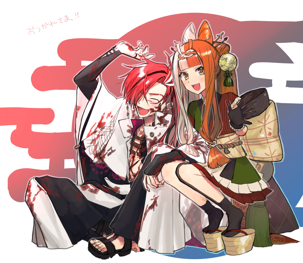 1boy, 1girl, blood, blood_on_clothes, blood_on_face, brown_eyes, closed_eyes, egasumi