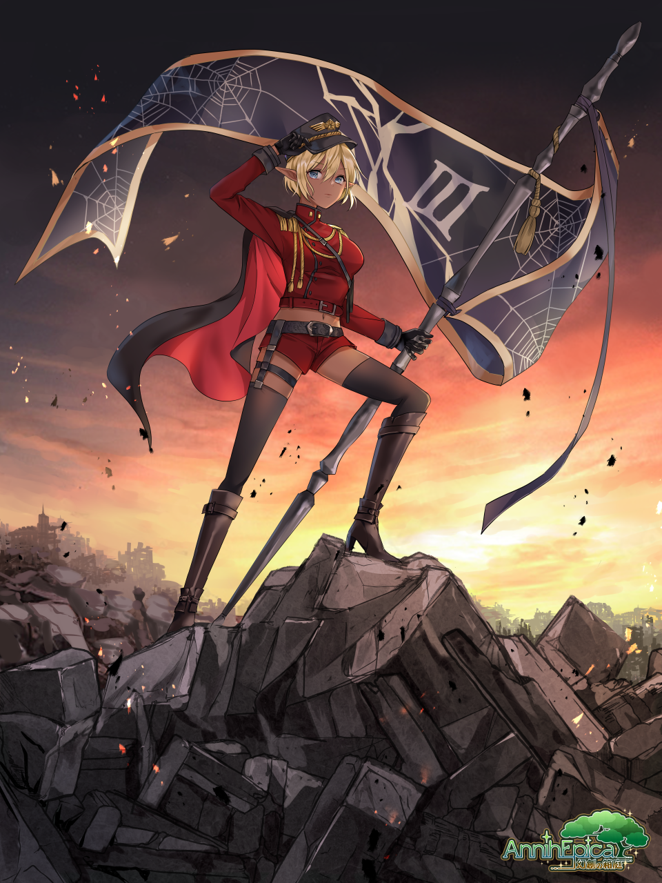 1girl, adjusting_clothes, adjusting_headwear, aiguillette, annih_epica, banner, belt, black_gloves, blonde_hair, blue_eyes, boots, cape, dark-skinned_female, dark_skin, elf, epaulettes, fringe_trim, garter_straps, gloves, hat, high_heel_boots, high_heels, highres, knee_boots, kusunokinawate, looking_at_viewer, midriff, military, military_uniform, navel, official_art, peaked_cap, pointy_ears, rubble, short_hair, shorts, single_garter_strap, solo, thighhighs