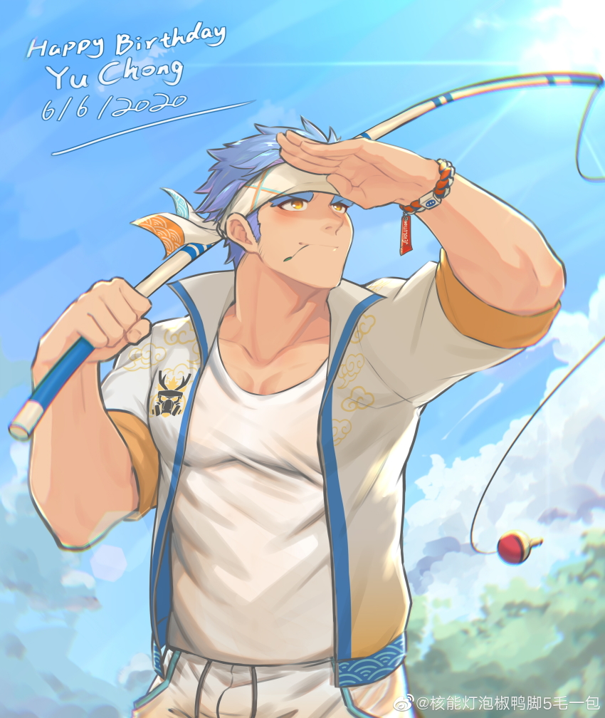 1boy, absurdres, bara, blue_hair, blush, bulge, cloud, cloudy_sky
