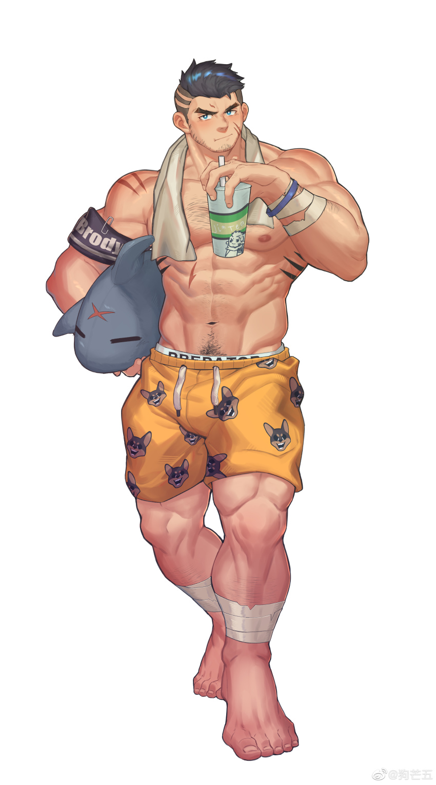 1boy, abs, absurdres, animal_print, arm_hair, bara, beard, blue_eyes
