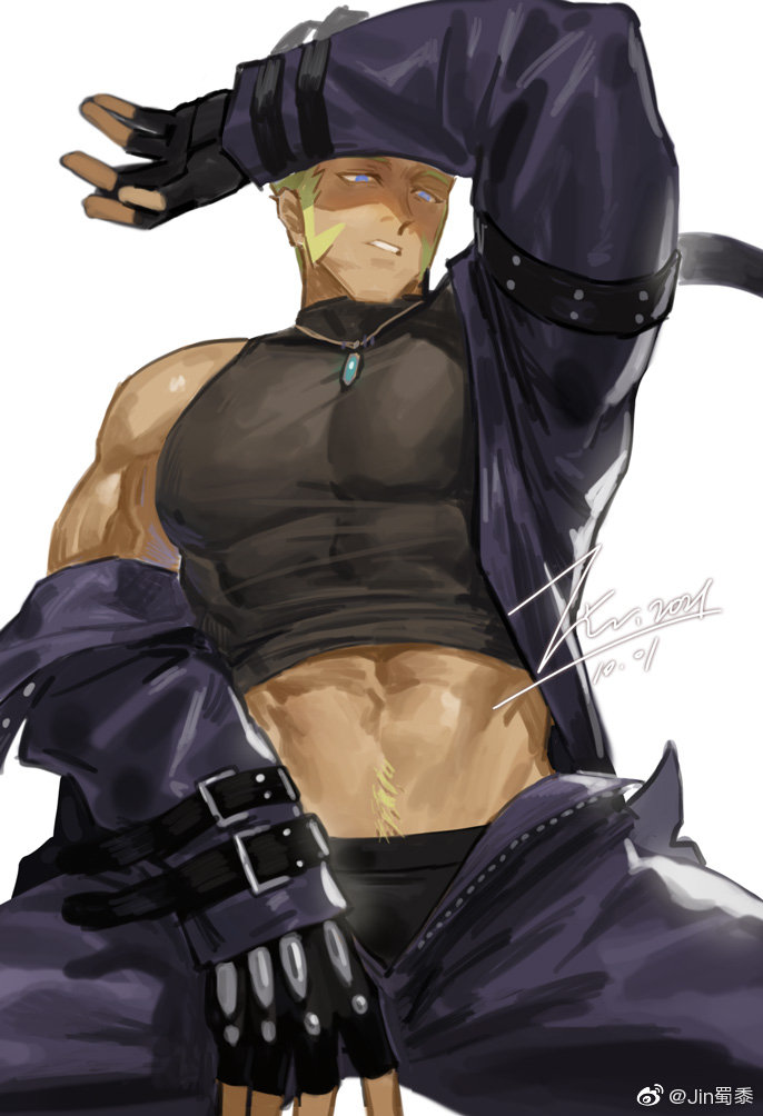 1boy, abs, arm_on_own_head, bara, black_male_underwear, blonde_hair, blue_eyes, clothes_lift, covered_abs, covered_erect_nipples, feet_out_of_frame, jewelry, jin_(sirius-j), large_pectorals, long_sideburns, male_focus, male_underwear, male_underwear_peek, mature_male, midriff, muscular, muscular_male, necklace, off_shoulder, open_pants, pants, pectorals, rafael_(yu-gi-oh!), shirt, shirt_lift, short_hair, sideburns, single_bare_shoulder, sitting, solo, spiked_hair, stomach, taut_clothes, taut_shirt, underwear, unzipped, watermark, weibo_watermark, yu-gi-oh!, yu-gi-oh!_duel_monsters