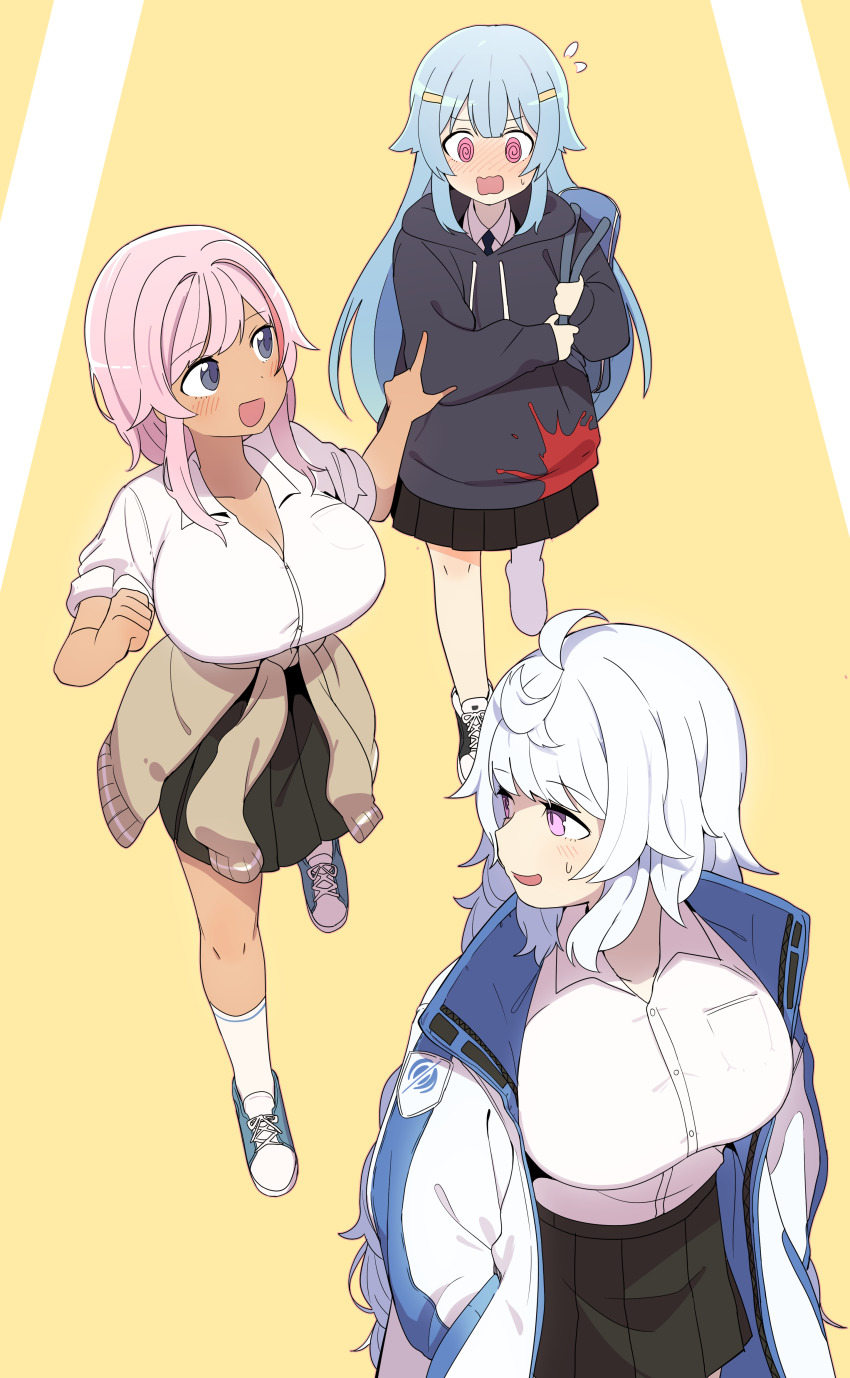 3girls, @_@, absurdres, bag, blue_eyes, blue_hair, blush, breasts