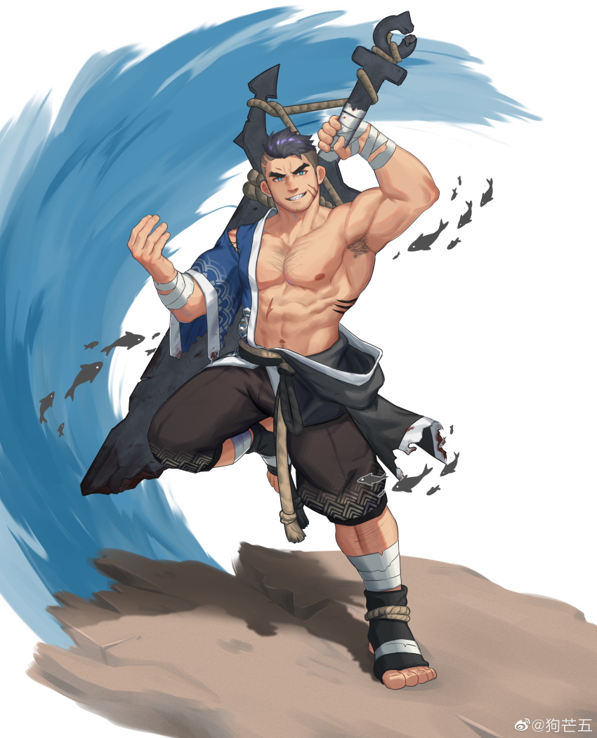 1boy, abs, absurdres, armpit_hair, armpits, bandaged_arm, bandaged_leg, bandages