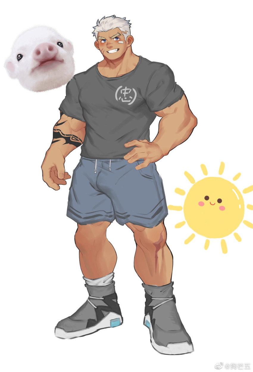 1boy, arm_tattoo, bandaid, bandaid_on_cheek, bandaid_on_face, bara, blush, bulge