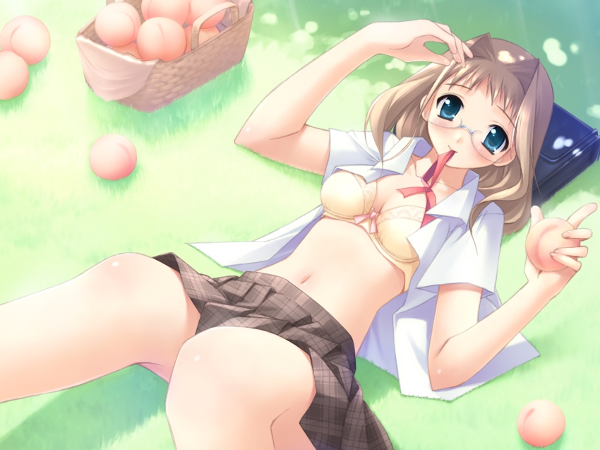 1girl, backpack, bag, basket, blonde_hair, blue_eyes, blush, bra