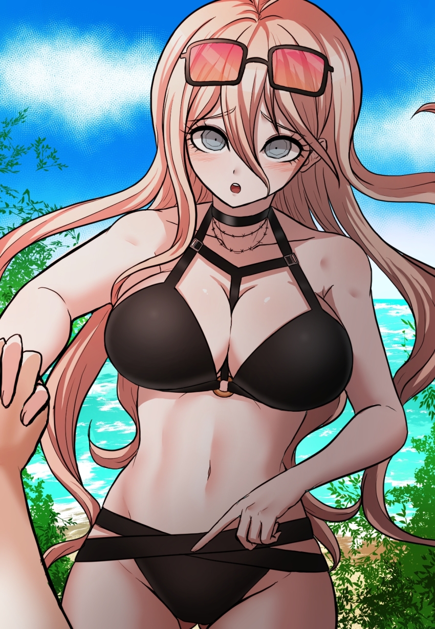 1girl, bad_id, bad_pixiv_id, bikini, blonde_hair, blue_eyes, breasts, danganronpa_(series), danganronpa_v3:_killing_harmony, eyewear_on_head, gluteal_fold, halterneck, hand_grab, highres, iruma_miu, large_breasts, long_hair, looking_at_viewer, monja_(jyamong_0907), open_mouth, outdoors, sunglasses, swimsuit, thighs