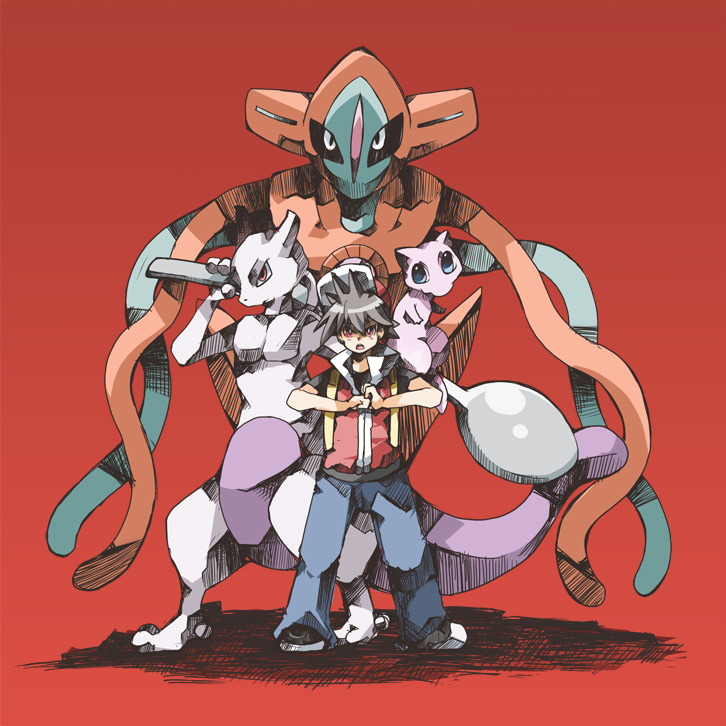00s, 1990s_(style), 1boy, blue_eyes, brown_hair, chachi_(azuzu), clenched_hand, deoxys, deoxys_(normal), gen_1_pokemon, gen_3_pokemon, hat, legendary_pokemon, mew_(pokemon), mewtwo, mythical_pokemon, nintendo, pokemon, pokemon_(creature), pokemon_adventures, pokemon_red/green/blue/yellow, red_(pokemon), red_eyes, retro_artstyle, spoon, tora_ko