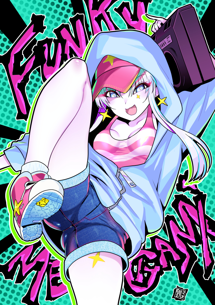 1girl, artist_logo, blue_jacket, boombox, breasts, cleavage, collarbone, colored_skin