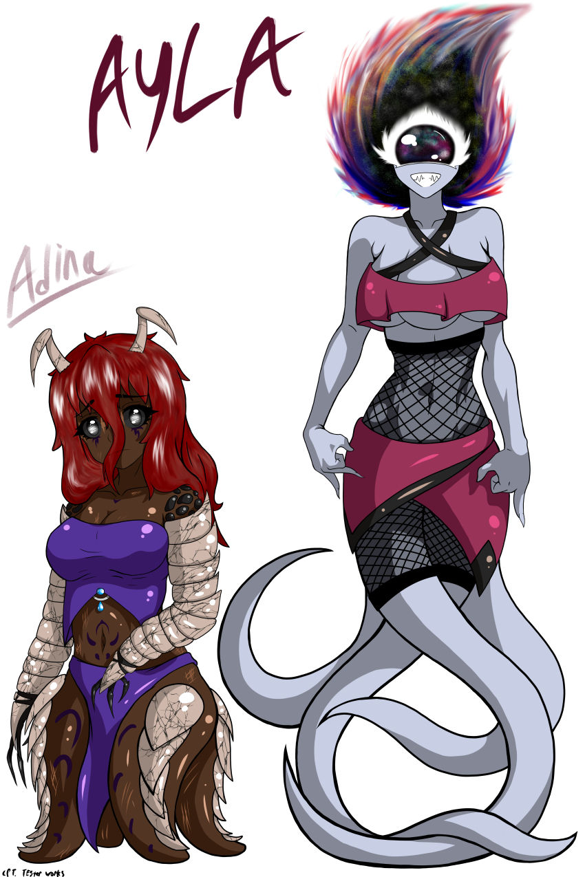 2girls, absurdres, adina_(cpt.tester), alien, arthropod_girl, ayla_(cpt.tester), blind, breasts