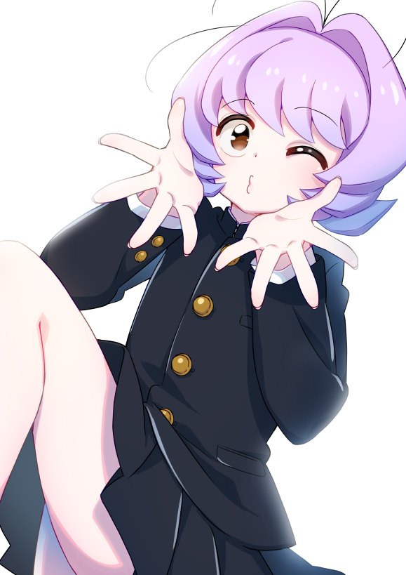 1other, antenna_hair, black_skirt, brown_eyes, buttons, commentary_request, hidanoizumi, komi-san_wa_komyushou_desu, legs, one_eye_closed, osana_najimi_(komi-san_wa_komyushou_desu), other_focus, puckered_lips, purple_hair, school_uniform, simple_background, skirt, solo, thighs, white_background