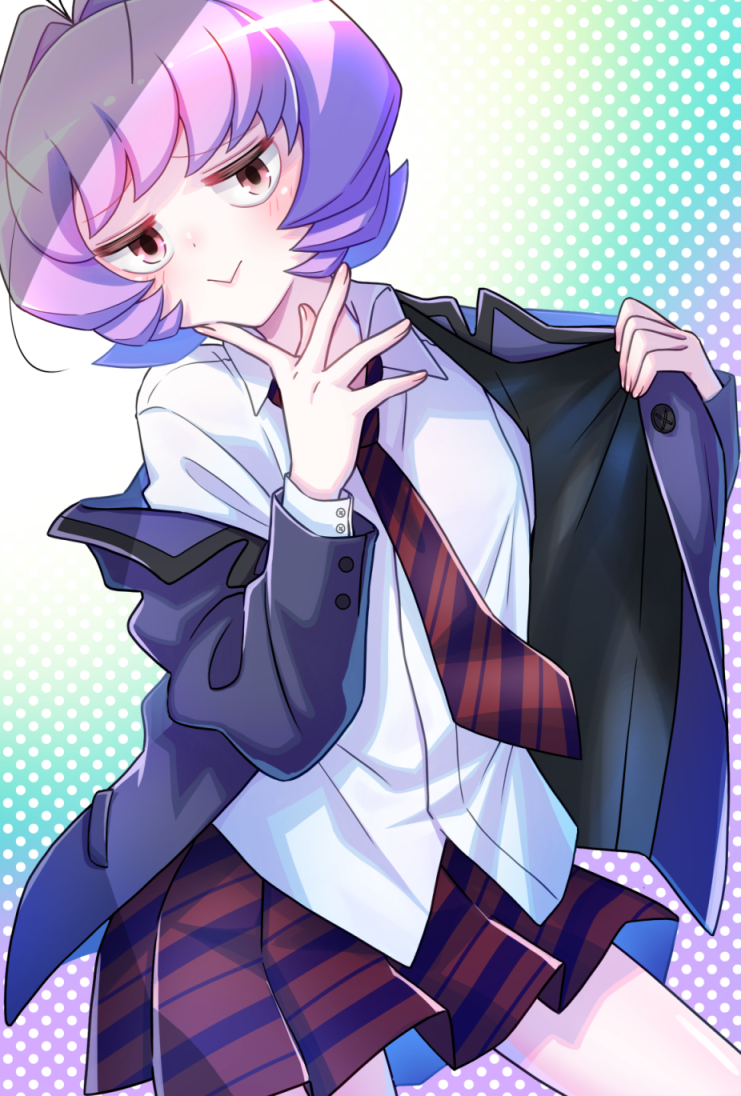 1other, :>, antenna_hair, blush, closed_mouth, collared_shirt, commentary_request, cowboy_shot