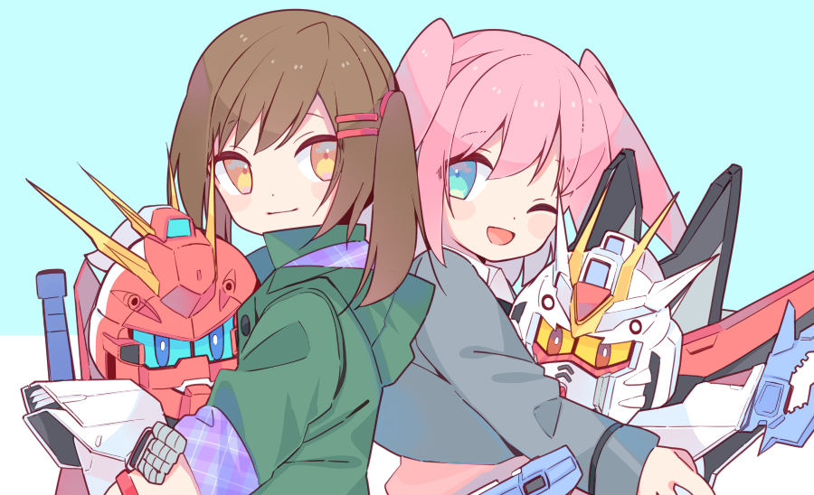 2girls, 2y_(tsuyu), back-to-back, blazer, blazing_gundam, blue_background, blue_eyes, brown_hair