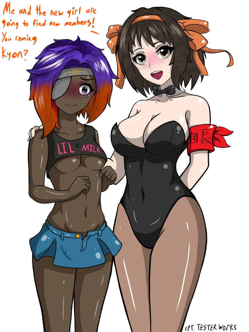 2girls, absurdres, belly, black_bow, black_bowtie, blush, bow, bowtie