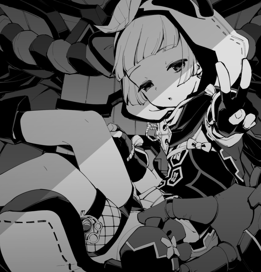 1boy, 1girl, anemo_(genshin_impact), armor, asymmetrical_legwear, blunt_bangs, boots, child, commentary_request, eyes_visible_through_hair, feet_out_of_frame, female_focus, fingerless_gloves, fishnets, gauntlets, genshin_impact, gloves, greyscale, half-closed_eyes, highres, holding_person, hood, japanese_clothes, jitome, kairagi_(genshin_impact), leaf, leaf_on_head, looking_at_viewer, mismatched_legwear, mitsubamushi_coreless, monochrome, ninja, open_mouth, samurai, sarashi, sayu_(genshin_impact), shorts, shuriken, sidelocks, sleepy, solo_focus, tagme, v, vision_(genshin_impact), weapon