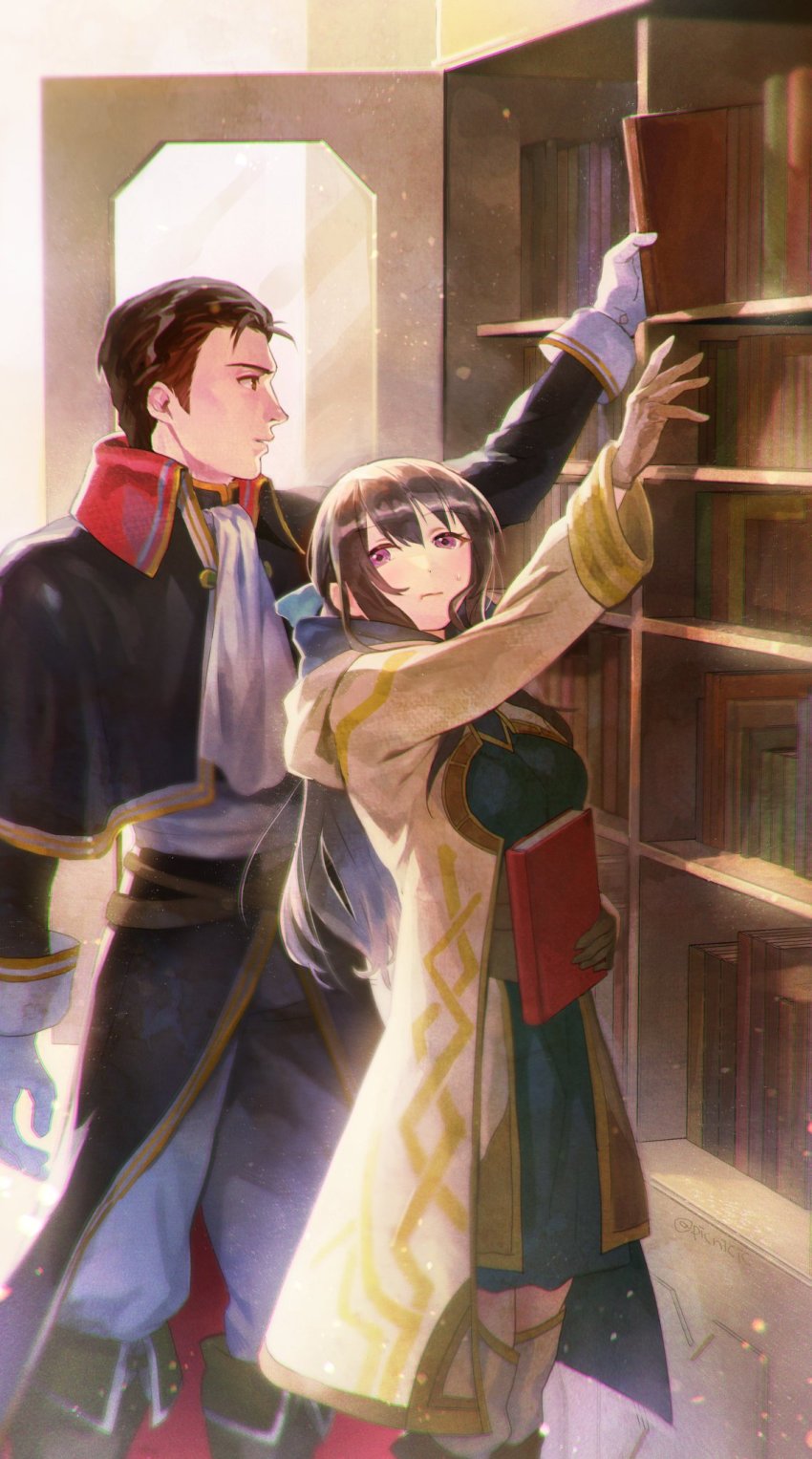 1boy, 1girl, ascot, black_hair, book, commission, commissioner_upload, fire_emblem