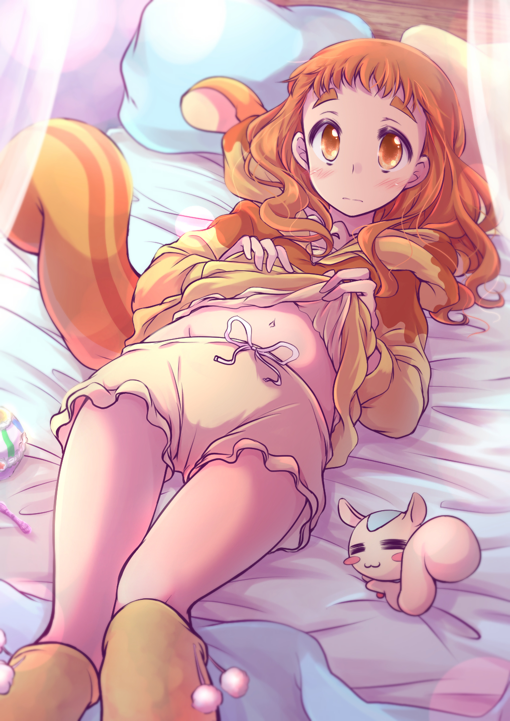 1girl, arisugawa_himari, bed_sheet, blush, brown_eyes, brown_hair, closed_mouth, clothes_lift, commentary, curtains, frilled_shorts, frills, highres, hood, hood_down, hoodie, kirakira_precure_a_la_mode, lifting_own_clothes, light_frown, long_hair, looking_at_viewer, lying, muusu, navel, on_back, on_bed, pajamas, pillow, precure, shirt_lift, shorts, socks, solo, squirrel_hood, squirrel_tail, stuffed_toy, tail, thigh_gap, yellow_hoodie, yellow_shorts, yellow_socks