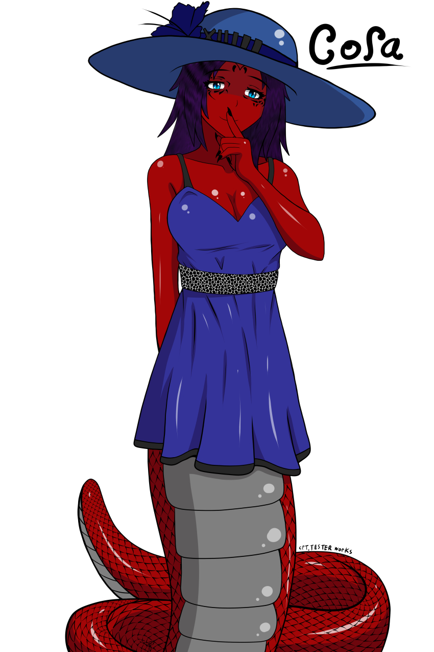 absurdres, black_nails, blue_eyes, breasts, claws, colored_skin, cora_(cpt.tester), cpt.tester_works