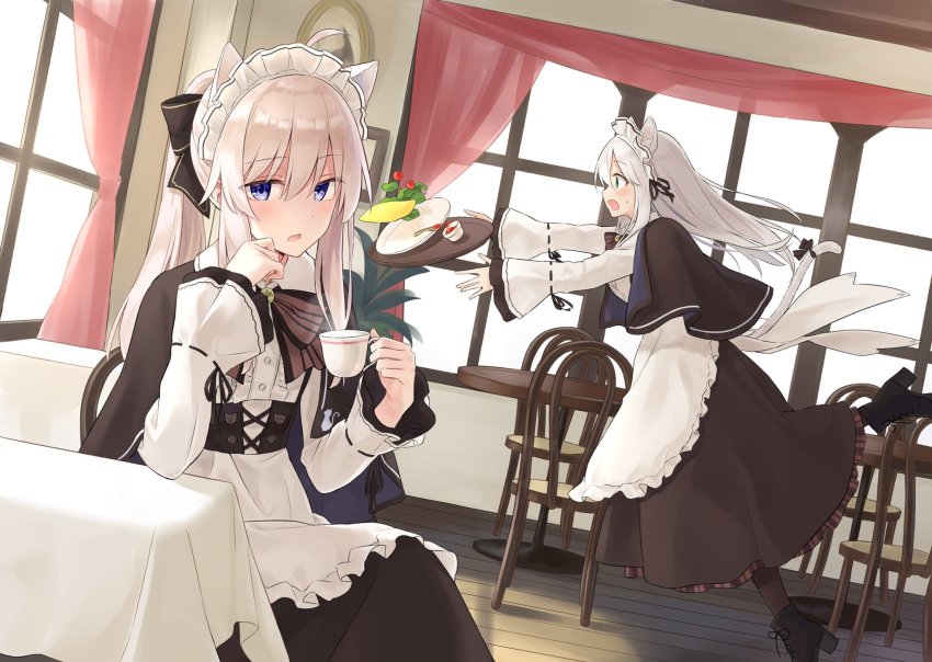 2girls, ahoge, alternate_costume, animal_ears, apron, avilia_(majo_no_tabitabi), azuuru, black_capelet