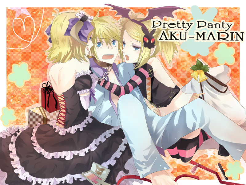 1boy, 1girl, :p, bad_id, bad_pixiv_id, blonde_hair, blue_eyes, brother_and_sister, collar, dress, gothic_lolita, hairband, kagamine_len, kagamine_rin, lolita_fashion, meiko_ak, mmg, pretty_panties_akuma_rin_(vocaloid), short_hair, siblings, smile, striped, thighhighs, tongue, tongue_out, twins, vocaloid