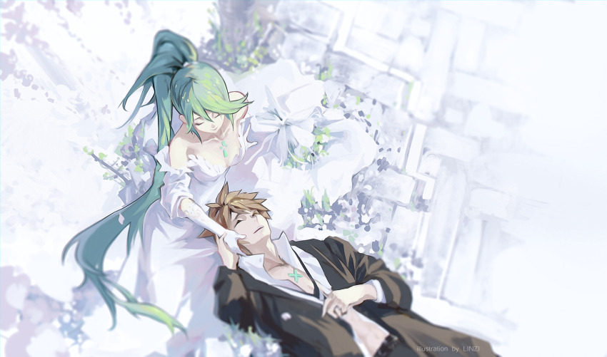 1boy, 1girl, breasts, brown_hair, chest_jewel, cleavage, dress, closed_eyes