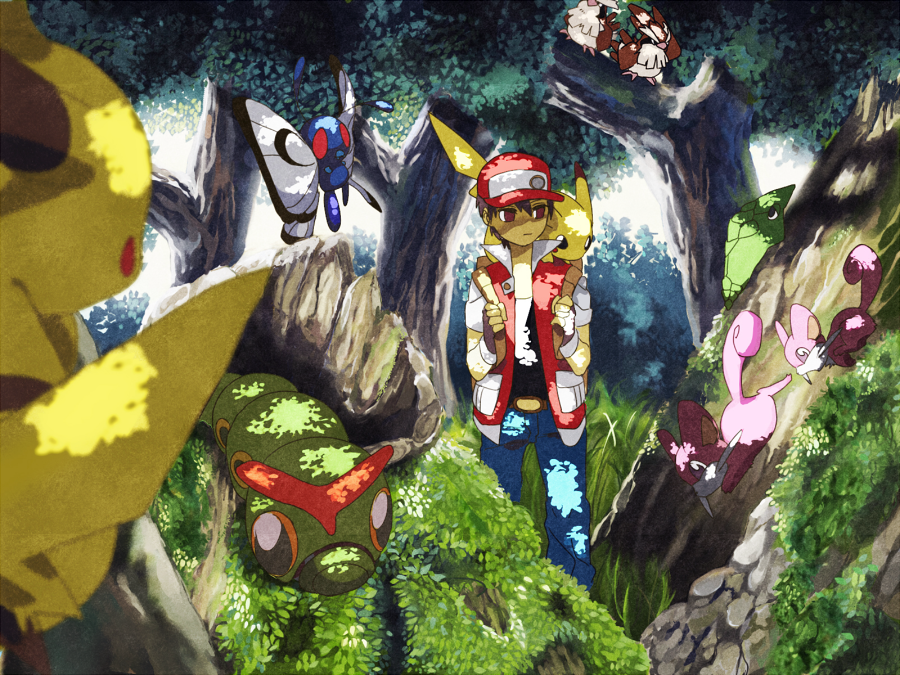 1boy, backpack, bad_id, bad_pixiv_id, bag, baseball_cap, black_hair, butterfree, caterpie, completely_unamused, dappled_sunlight, denim, fingerless_gloves, foreshortening, forest, gen_1_pokemon, gloves, hat, jeans, metapod, nature, nintendo, pants, pidgey, pikachu, pokemon, pokemon_(creature), randoseru, rattata, red_(pokemon), red_eyes, shade, shippo_(skink), short_hair, skink, sunlight, tree, tree_shade, unamused, vest