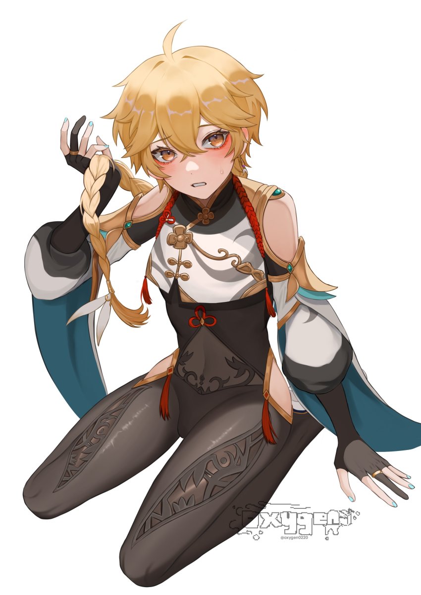 1boy, absurdres, aether_(genshin_impact), black_bodysuit, blue_nails, blush, bodysuit, braid