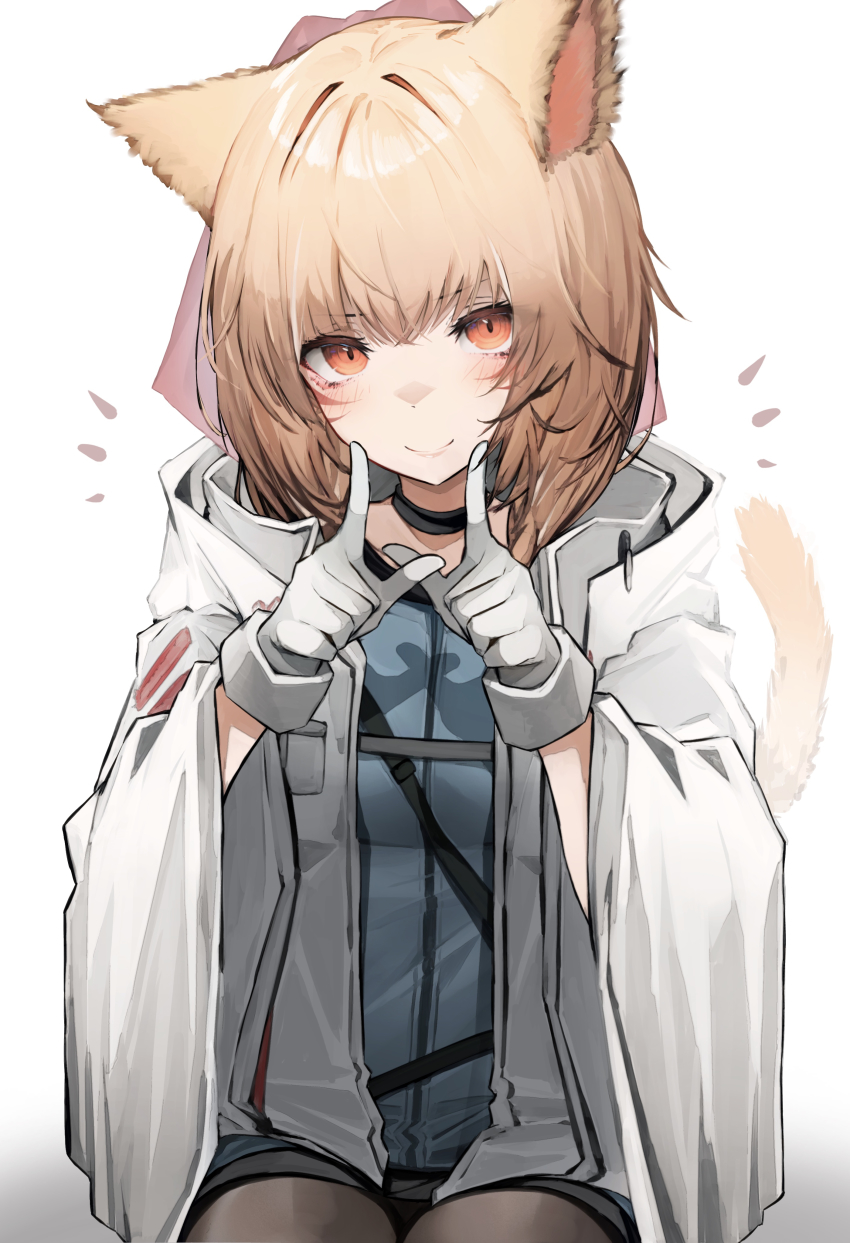 1girl, absurdres, animal_ears, arknights, warrior_of_light_(ff14), bad_id, bad_pixiv_id, black_choker, black_pantyhose, blonde_hair, cat_ears, cat_girl, cat_tail, choker, closed_mouth, coat, commission, cosplay, facial_mark, final_fantasy, final_fantasy_xiv, gloves, gradient_background, grey_background, highres, index_finger_raised, looking_at_viewer, miqo'te, orange_eyes, pantyhose, short_hair, simple_background, sitting, skeb_commission, smile, solo, sussurro_(arknights), sussurro_(arknights)_(cosplay), tab_head, tail, whisker_markings, white_background, white_coat, white_gloves