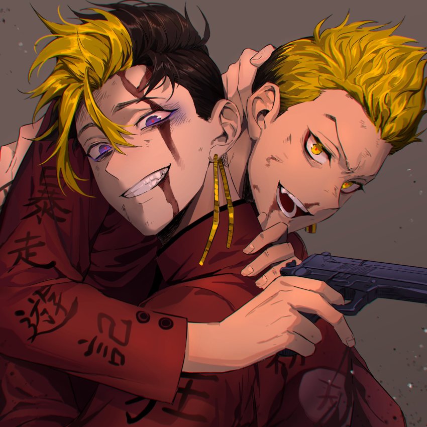2boys, black_hair, blonde_hair, blood, blood_on_face, bruise, bruise_on_face, carrying_over_shoulder, earrings, grey_background, grin, gun, hair_between_eyes, handgun, hanma_shuuji, highres, holding, holding_gun, holding_weapon, injury, jacket, jewelry, kisaki_tetta, long_sleeves, male_focus, multicolored_hair, multiple_boys, nanin, open_mouth, pistol, purple_eyes, red_jacket, short_hair, simple_background, single_earring, smile, teeth, tokyo_revengers, two-tone_hair, upper_body, weapon, yellow_eyes