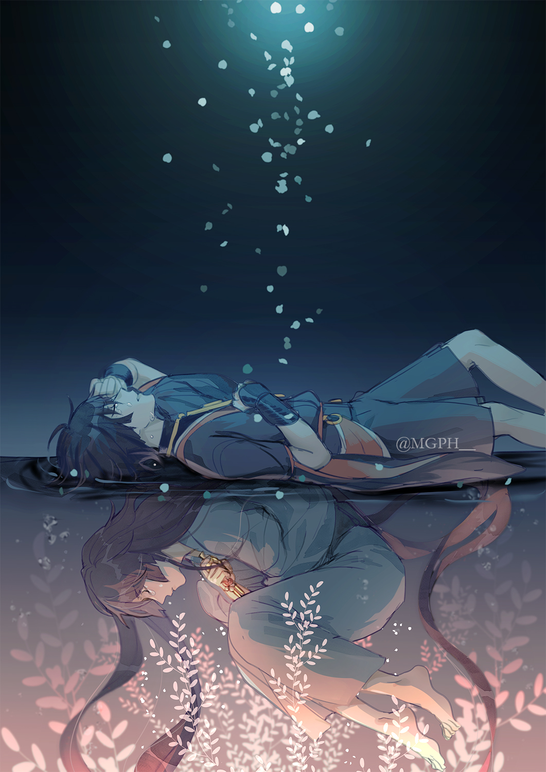 1boy, arm_over_head, black_shirt, black_shorts, closed_eyes, closed_mouth, commentary, crying