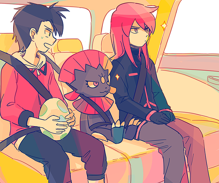 2boys, black_gloves, black_hair, black_jacket, black_pants, capri_pants, car_interior, commentary_request