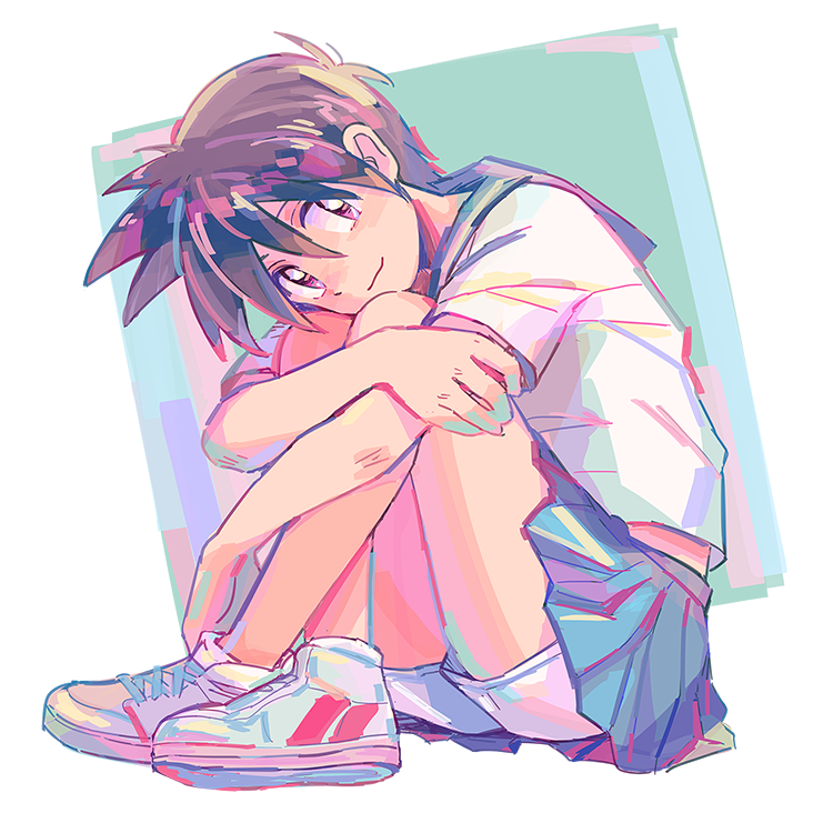 1boy, alternate_costume, blue_skirt, brown_hair, closed_mouth, commentary_request, crossdressing, crossdressing_(mtf)