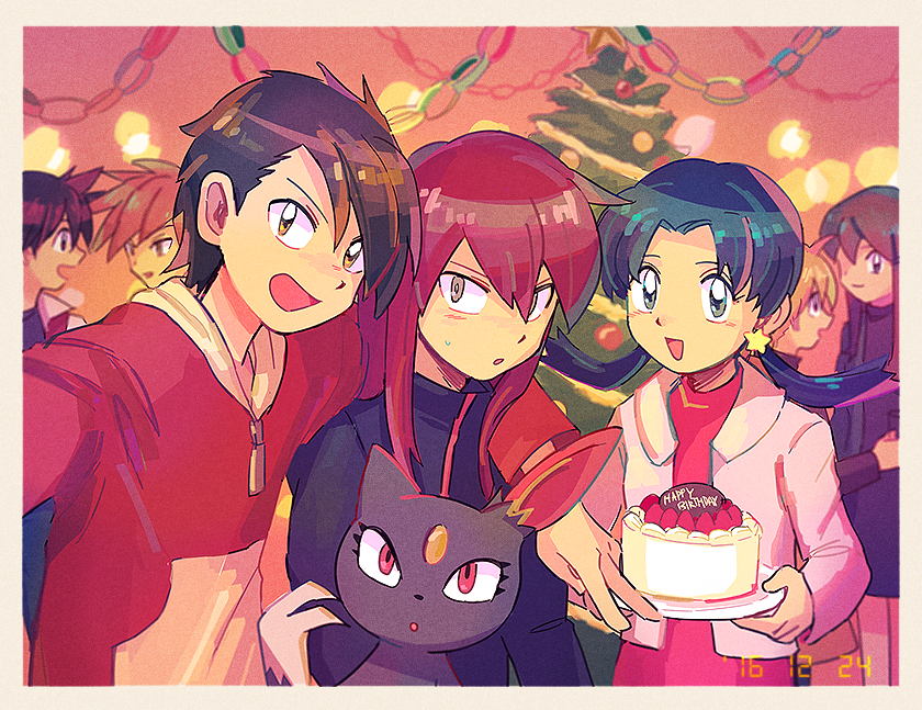 3girls, 4boys, black_jacket, blue_oak, blurry, border, brown_eyes, brown_hair