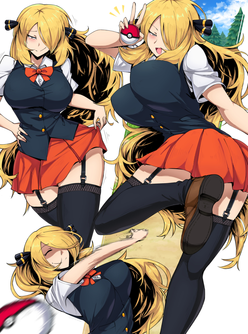 1girl, alternate_costume, blonde_hair, breasts, cosplay, cynthia_(pokemon), hair_ornament, highres, large_breasts, lass_(pokemon), lass_(pokemon)_(cosplay), lass_(pokemon_dppt), leggings, long_hair, miniskirt, nintendo, open_mouth, poke_ball, pokemon, pokemon_brilliant_diamond_and_shining_pearl, pokemon_diamond/pearl/platinum, red_skirt, ribbon, shimure_(460), skirt, solo, thighhighs, throwing, very_long_hair