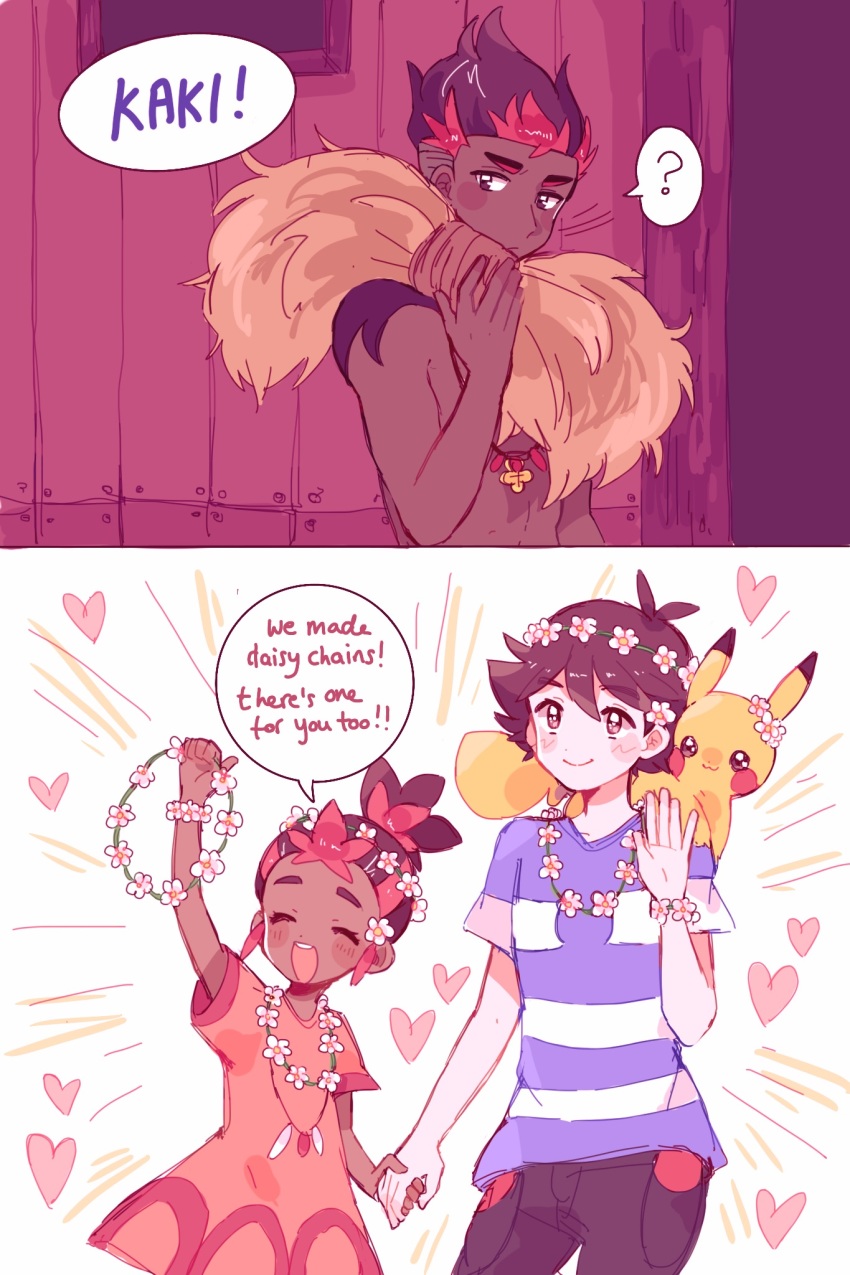 1girl, 2boys, ?, arm_up, ash_ketchum, catsubun_(kkst0904), character_name, commentary