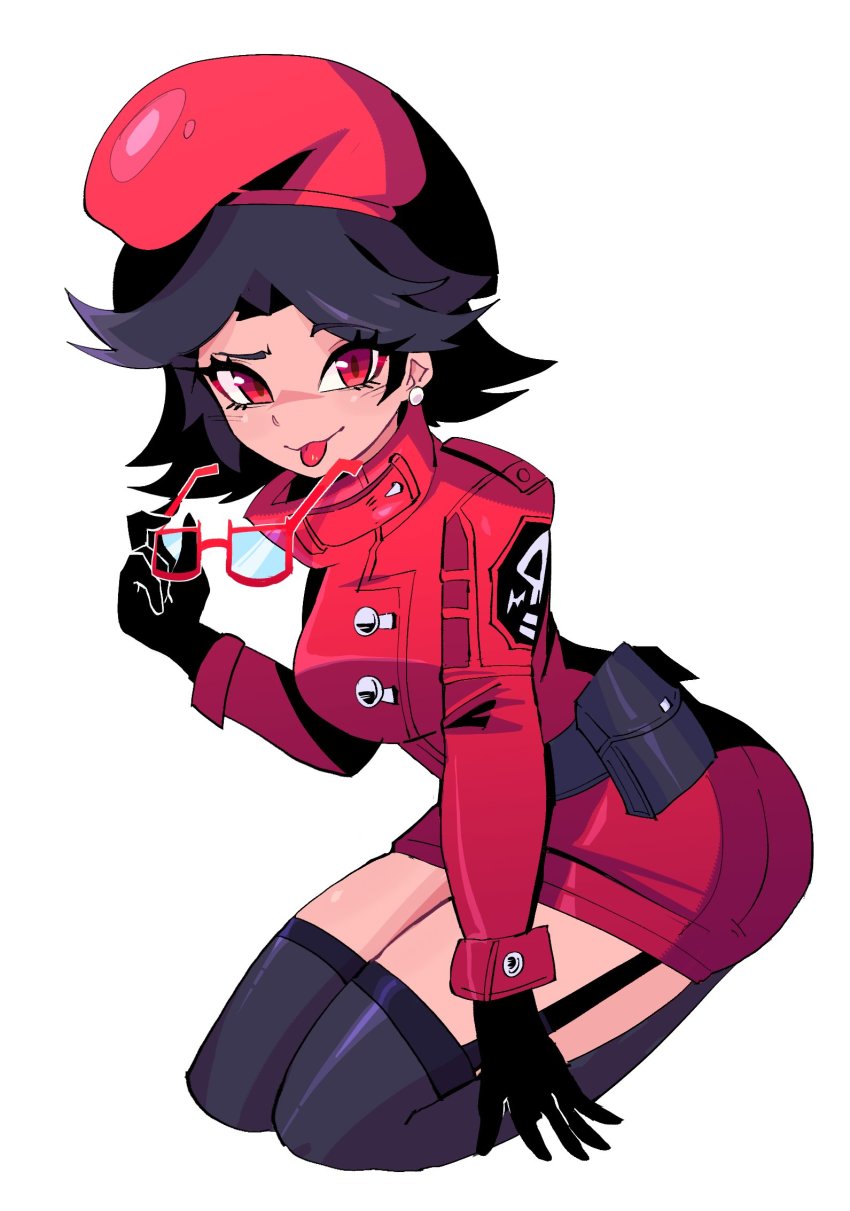 1girl, :p, breasts, dress, fortnite, glasses, gloves, highres, jiansketch, looking_at_viewer, open_mouth, red_dress, red_eyes, red_headwear, rue_(fortnite), short_hair, simple_background, smile, solo, thick_thighs, thighhighs, thighs, tongue, tongue_out