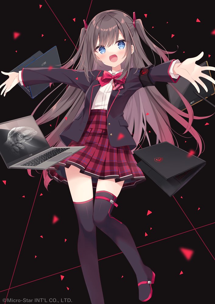 1girl, :d, armband, black_background, black_boots, black_jacket, black_thighhighs, blue_eyes