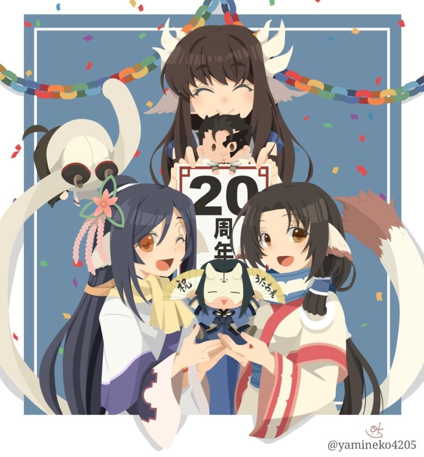 3boys, 3girls, absurdly_long_hair, akuta_(utawarerumono:_lost_flag), animal_ears, aquaplus, arms_up, black_hair, breasts, brown_eyes, brown_hair, cat_tail, closed_eyes, closed_mouth, confetti, eruruu, flower, flower_on_head, from_behind, from_below, from_side, hair_between_eyes, hair_ornament, haku_(utawarerumono), hakuowlo, hand_fan, high_ponytail, holding, holding_fan, holding_weapon, kuon_(utawarerumono), layered_sleeves, long_hair, long_sleeves, looking_at_viewer, medium_breasts, minagi_(utawarerumono), multiple_boys, multiple_girls, one_eye_closed, orange_eyes, parted_bangs, ponytail, raised_eyebrows, scar, scar_on_face, scarf, sidelocks, signature, sitting, small_breasts, standing, swept_bangs, tail, utawarerumono, utawarerumono:_itsuwari_no_kamen, utawarerumono:_lost_flag, very_long_hair, weapon, white_tail, yamineko4205, yellow_scarf