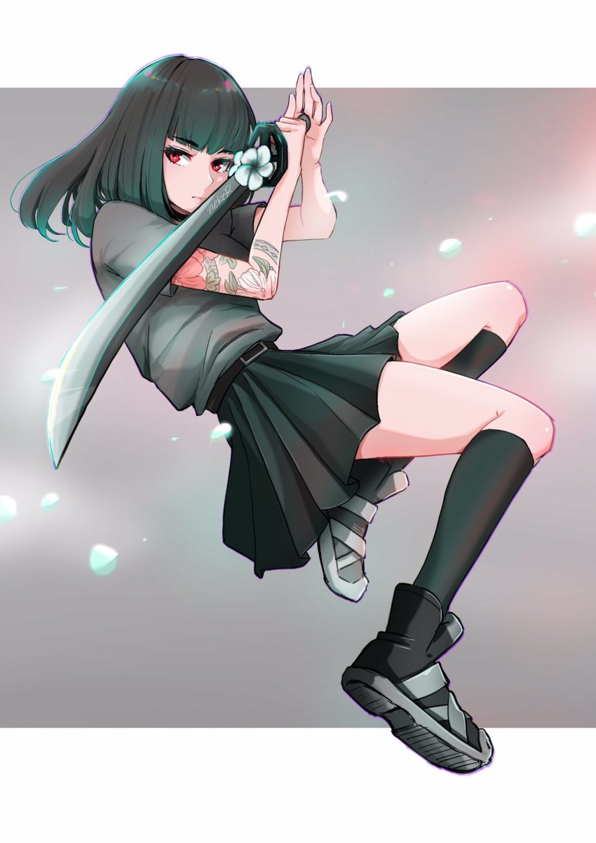 1girl, belt, black_hair, charlotte_(fortnite), closed_mouth, fortnite, full_body, grey_shirt, highres, medium_hair, nekoramen222, red_eyes, school_uniform, serious, shirt, simple_background, skirt, socks, solo, sword, tattoo, weapon