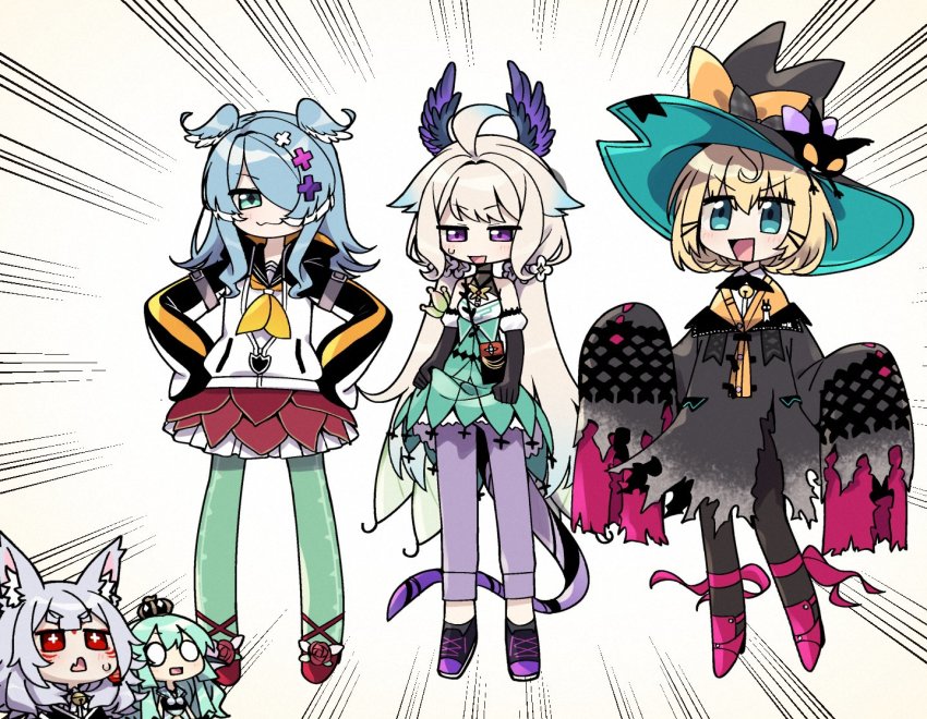 5girls, :3, animal_ear_fluff, animal_ears, black_cat, black_dress, black_footwear, black_gloves, blonde_hair, blue_hair, bow, cat, chibi, cosplay, crown, dragon_tail, dress, elbow_gloves, elira_pendora, fang, finana_ryugu, finana_ryugu_(1st_costume), finana_ryugu_(cosplay), fins, flower, fox_ears, fox_girl, gloves, green_hair, green_legwear, green_skirt, grey_hair, hair_flower, hair_ornament, hair_over_one_eye, halterneck, hands_on_own_hips, hat, hat_bow, head_fins, head_wings, high-waist_skirt, long_hair, long_sleeves, millie_parfait, multiple_girls, nijisanji, nijisanji_en, nina_kosaka, one_eye_covered, open_mouth, orange_bow, pants, pantyhose, petra_gurin, petra_gurin_(cosplay), pink_shoes, pomu_rainpuff, pomu_rainpuff_(cosplay), purple_flower, purple_pants, red_eyes, red_flower, red_rose, red_skirt, reimu_endou, reimu_endou_(cosplay), rose, rosemi_lovelock, rosemi_lovelock_(cosplay), selen_tatsuki, selen_tatsuki_(cosplay), shoes, skin_fang, skirt, sleeves_past_fingers, sleeves_past_wrists, smile, sneakers, sumiya_nadateru, tail, two-tone_hoodie, v-shaped_eyebrows, very_long_hair, virtual_youtuber, white_flower, wings, witch_hat