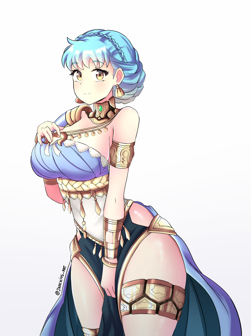 1girl, absurdres, armlet, bare_shoulders, belly_chain, blue_dress, blue_hair, blush