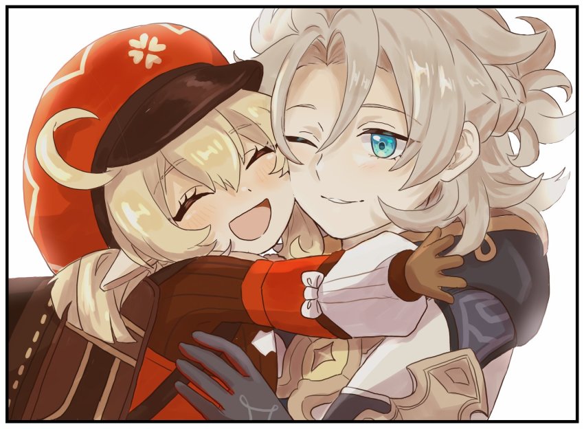 1boy, 1girl, :d, ;), ^_^, ahoge, albedo_(genshin_impact), aoyagi_(ao0701yagi)