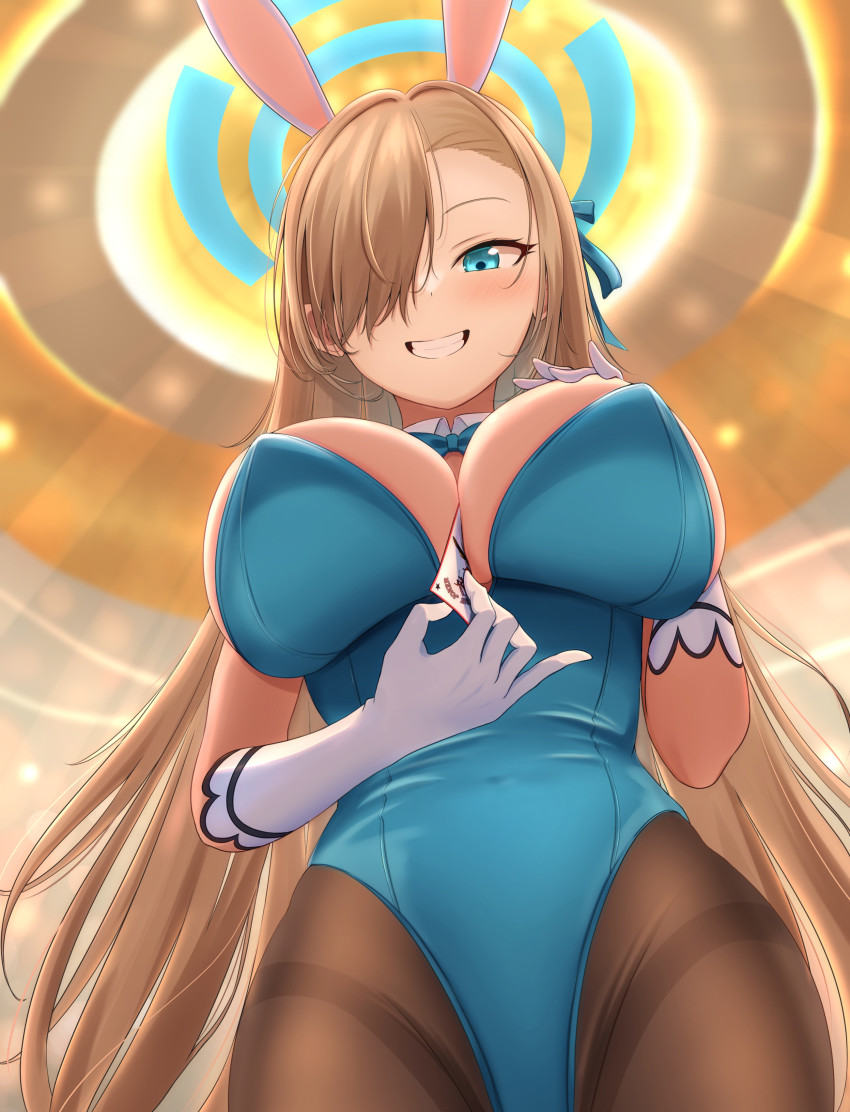 1girl, absurdres, animal_ears, asuna_(blue_archive), asuna_(bunny)_(blue_archive), between_breasts, black_pantyhose, blonde_hair, blue_archive, blue_bow, blue_bowtie, blue_eyes, blue_leotard, blue_ribbon, blush, bow, bowtie, breasts, cowboy_shot, detached_collar, fake_animal_ears, from_below, gloves, grin, hair_over_one_eye, hair_ribbon, halo, highres, kaigan, large_breasts, leotard, long_hair, looking_at_viewer, pantyhose, playboy_bunny, rabbit_ears, ribbon, smile, solo, strapless, strapless_leotard, thighband_pantyhose, traditional_bowtie, very_long_hair, white_gloves, wing_collar