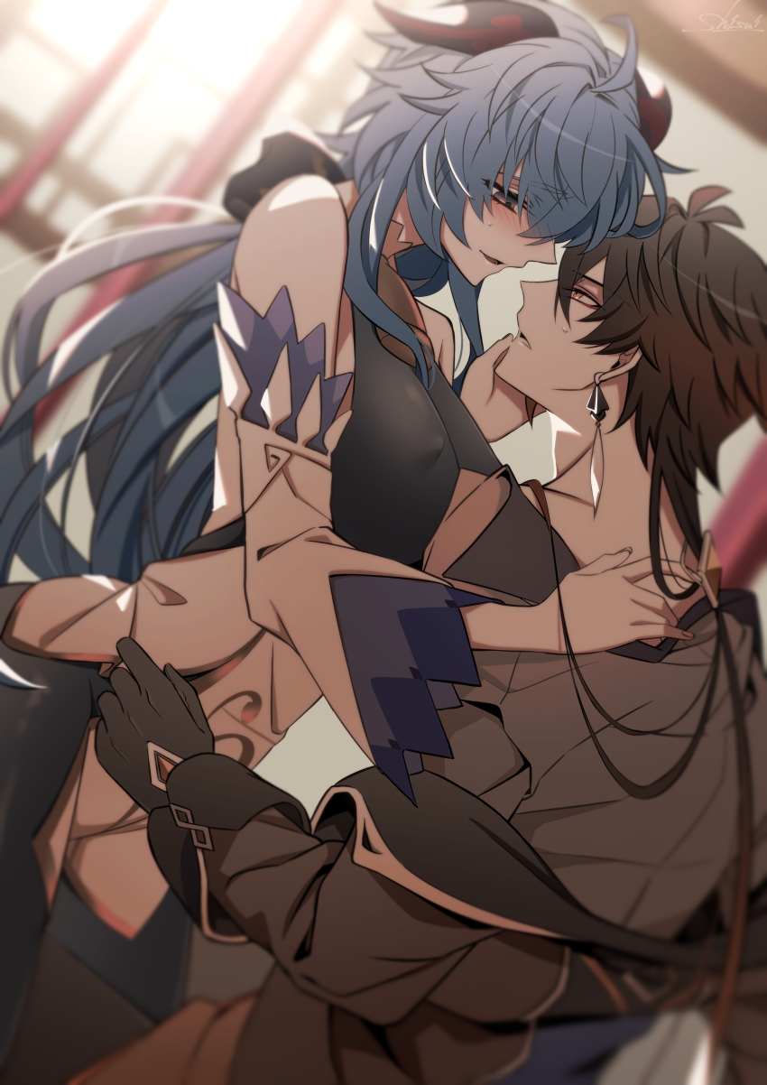 1boy, 1girl, absurdres, assisted_exposure, bare_shoulders, bell, black_bodysuit, black_gloves, black_hair, blue_hair, blurry, blurry_background, blurry_foreground, blush, bodice, bodysuit, breasts, brown_bodysuit, brown_hair, brown_leotard, collared_shirt, colored_tips, covered_erect_nipples, cowbell, detached_sleeves, diamond-shaped_pupils, diamond_(shape), earrings, eyeliner, eyeshadow, face-to-face, formal_clothes, ganyu_(genshin_impact), genshin_impact, girl_on_top, gloves, goat_horns, gradient_hair, hair_between_eyes, hand_on_another's_cheek, hand_on_another's_face, hand_on_another's_shoulder, highres, horns, indoors, jacket, jewelry, large_breasts, leotard, leotard_under_clothes, light, long_hair, long_sleeves, lower_teeth_only, makeup, multicolored_hair, narrowed_eyes, naughty_face, open_mouth, orange_hair, purple_eyes, red_eyeshadow, seductive_smile, shirt, shisui53, sidelocks, signature, single_earring, smile, sweat, symbol-shaped_pupils, tassel, tassel_earrings, teeth, undressing, undressing_another, white_sleeves, yellow_eyes, zhongli_(genshin_impact)