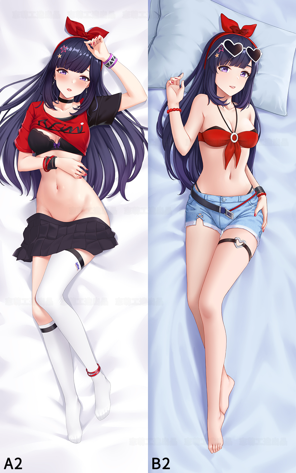 1girl, a-soul, arm_up, asymmetrical_legwear, asymmetrical_sleeves, barefoot, bella_(a-soul), bikini