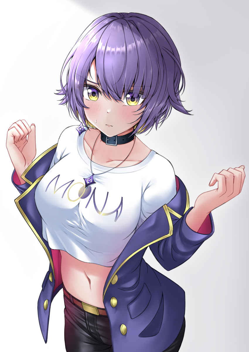 1girl, absurdres, area_15, belt, belt_buckle, belt_collar, black_pants, breakdiamond