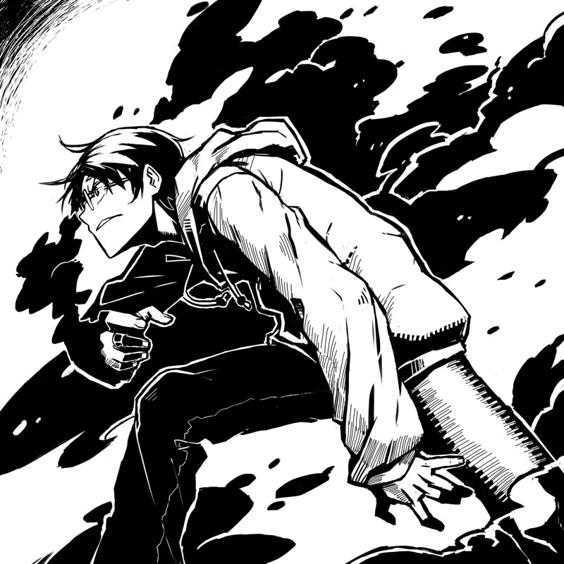 1boy, amamiya_yuuhi, black_hair, glasses, greyscale, hood, hoodie, hoshi_no_samidare, kahadu_(kawazu), male_focus, monochrome, smoke, solo