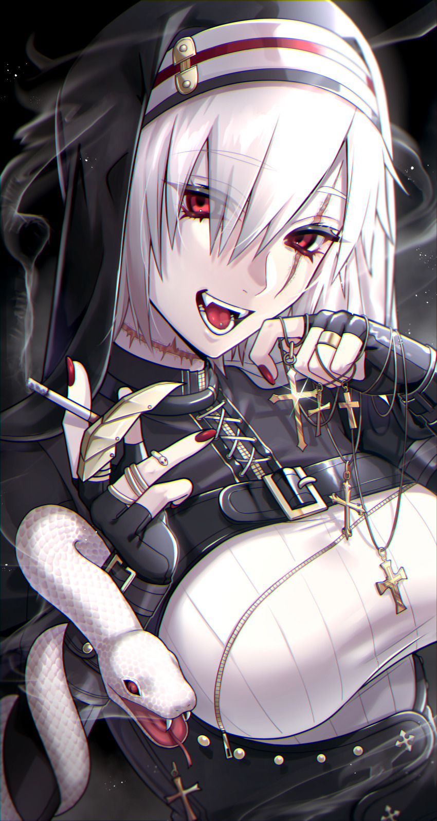 1girl, :d, absurdres, albino, animal, animal-themed_ring, animal_on_arm, belt