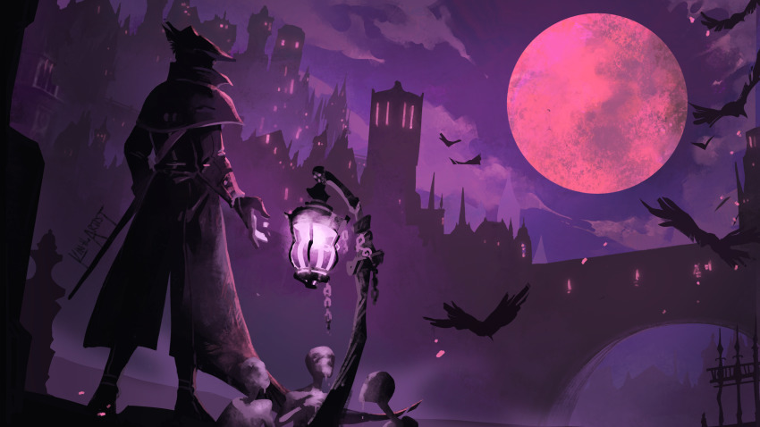 bird, bloodborne, boots, bridge, capelet, castle, cloak, cloud