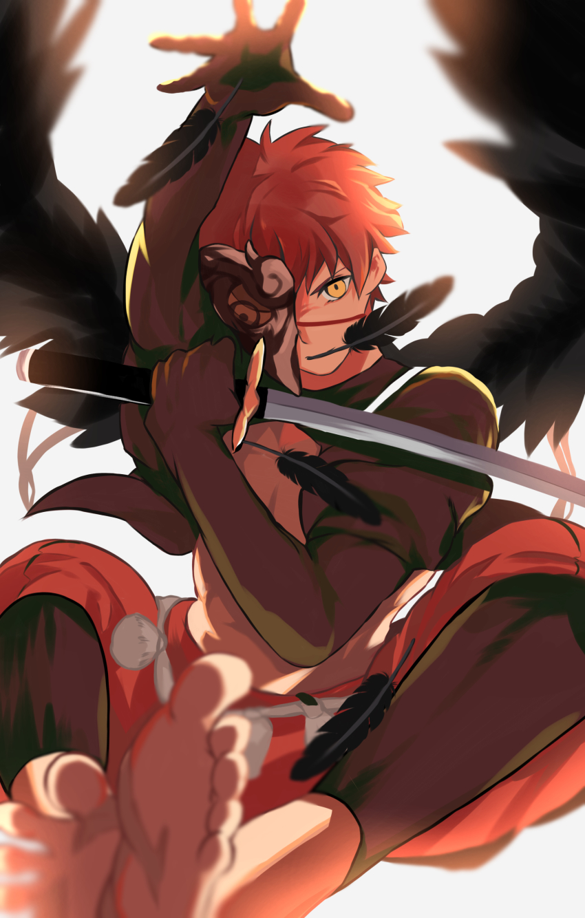 1boy, absurdres, bare_pectorals, barefoot, black_wings, emiya_shirou, falling_feathers, fate/grand_order