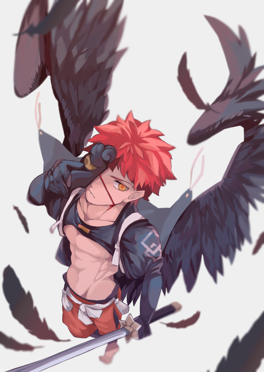 1boy, abs, absurdres, bare_pectorals, black_wings, closed_mouth, emiya_shirou, falling_feathers